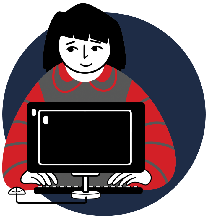 An animated woman with black hair and bangs wearing a red and gray striped sweater typing on her desktop computer.