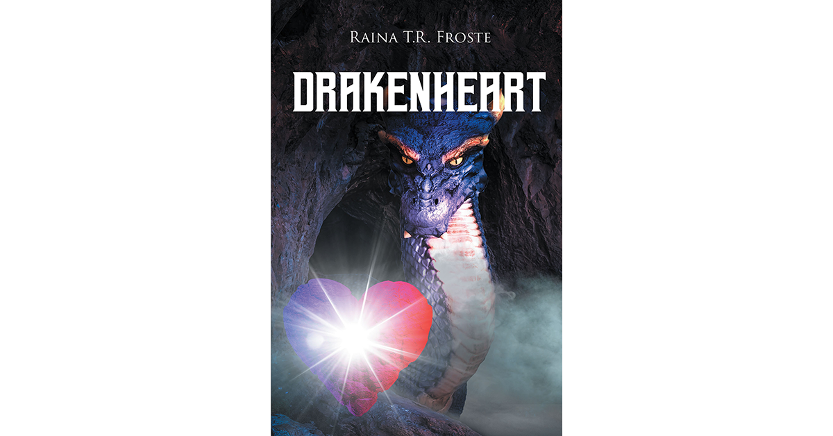 The cover of the book titled "Drakenheart" written by Raina T.R. Froste. The cover consists of a large purple dragon with yellow eyes.