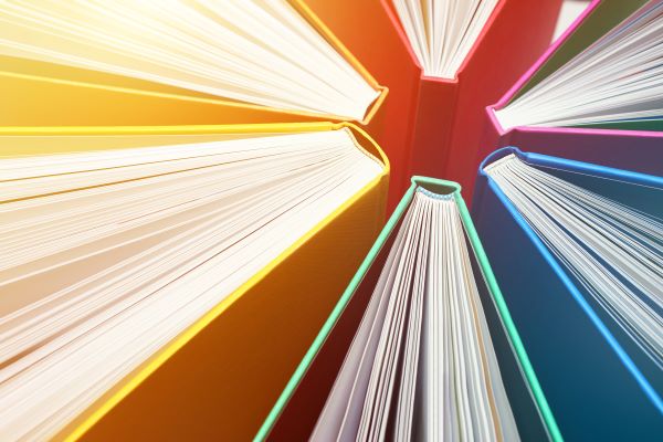 Closeup of a stack of books at a local library