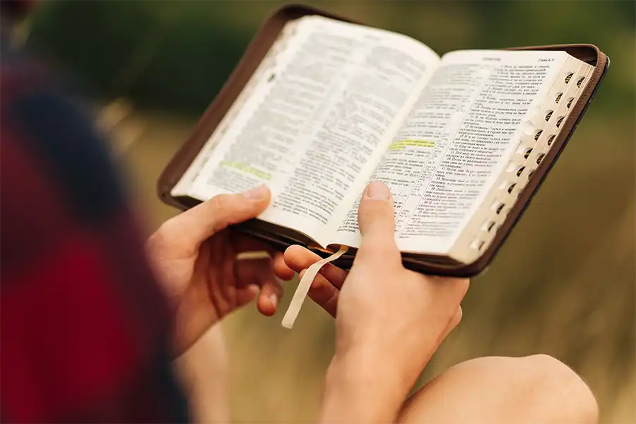 over the shoulder photo of a man reading the bible outside. He is wearing a red shirt and the bible has some verses highlighted in yellow.