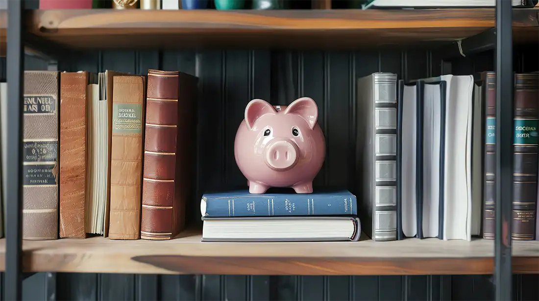 A pink piggy bank sits on a stack of books on a wooden shelf