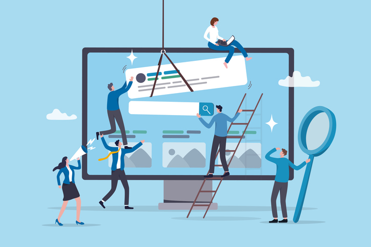 Teamwork develop website, building software or application project, team planning or website optimization, digital collaboration concept, business people team help build website on computer monitor. a top angle image of a clapperboard, succulent and storyboard resting on a dark wooden table.