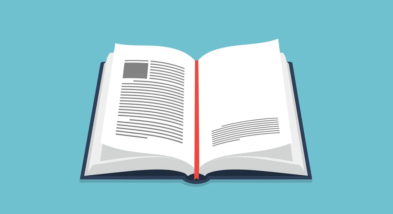 Open hardcover book with white pages a red bookmark and grey text Open hardcover book with white pages a red bookmark and grey text