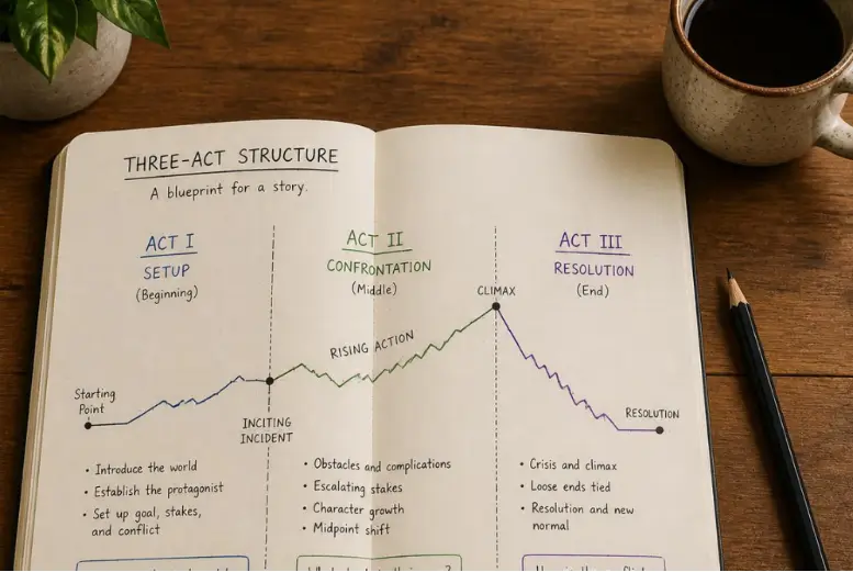 Open notebook on a wooden desk beside a pencil and a cup of coffee, representing the process of planning a story using the three-act structure