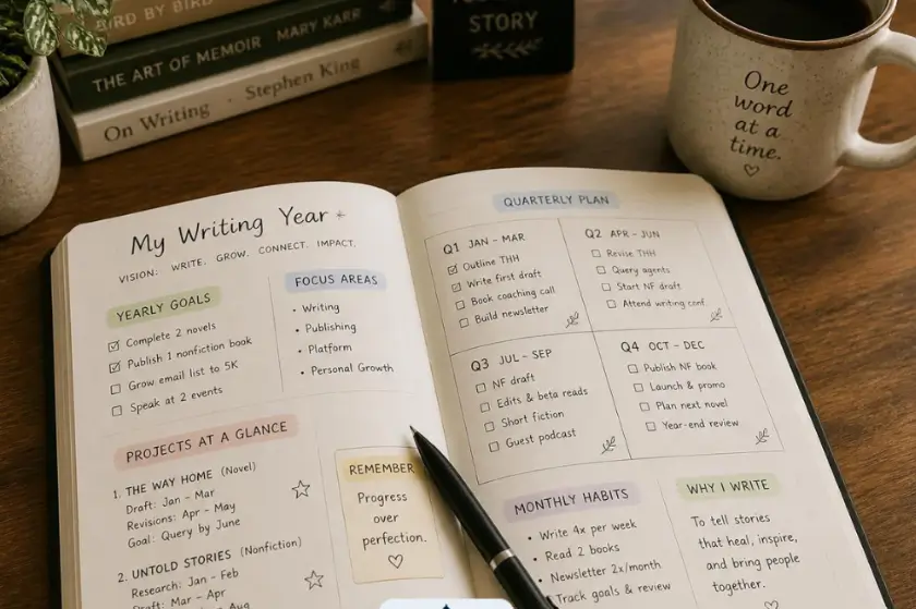 Open planner with a pen resting on the pages next to a cup of coffee, representing the process of mapping out a writing year with project planning