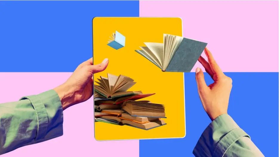 Poster with hands holding tablet with flying books on colorful abstract background.