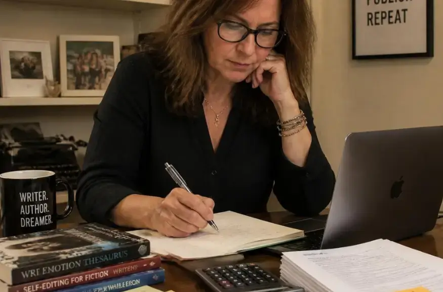 Author sitting at a desk surrounded by publishing-related items including a manuscript, a calculator, and a laptop, representing the cost comparison between DIY self-publishing and working with a full-service publisher